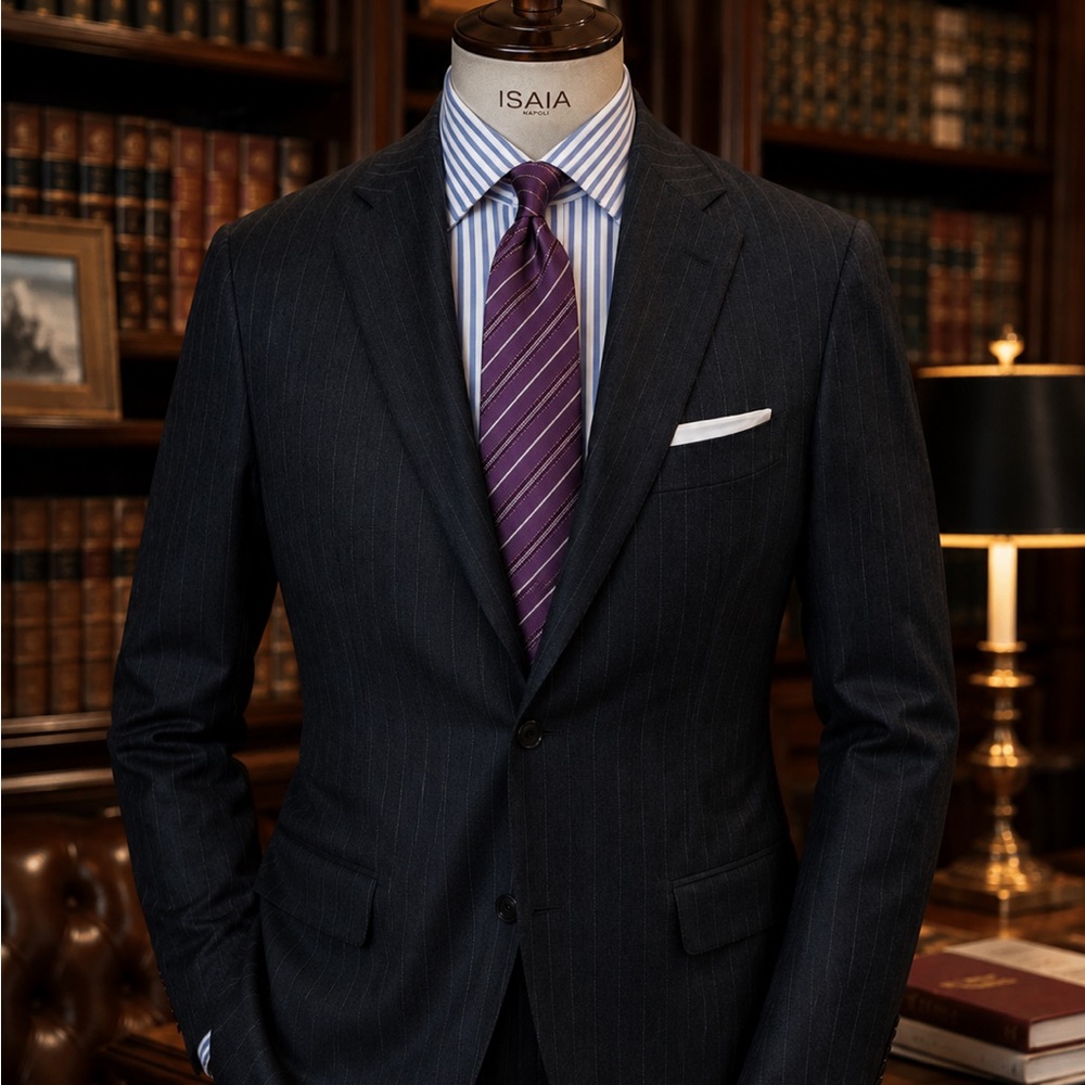 ISAIA Wool/Silk Blend Aubergine Pin Stripe Suit